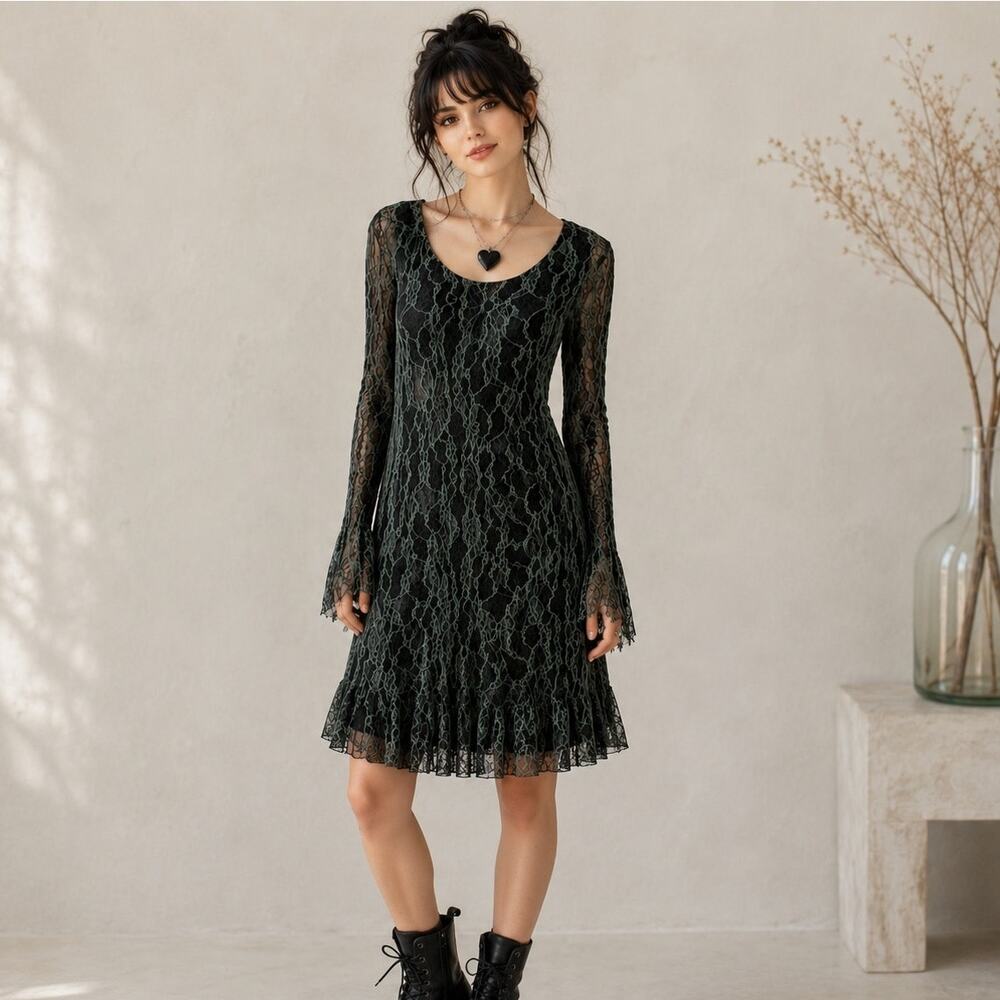 Aโreve Brown & Teal Lace Whimsigoth Dark Fairy Long sleeve Dress Medium